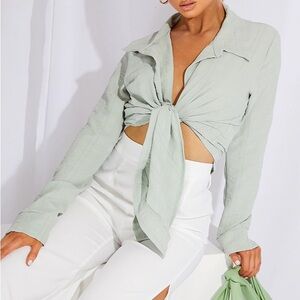 PrettyLittleThing Light Green Tie-Front Blouse